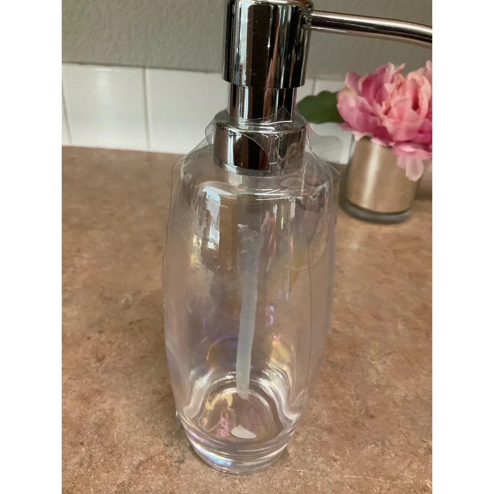 Iridescent Glass Soap Dispenser Chrome Pump Pearlescent Clear Refillable Bottle